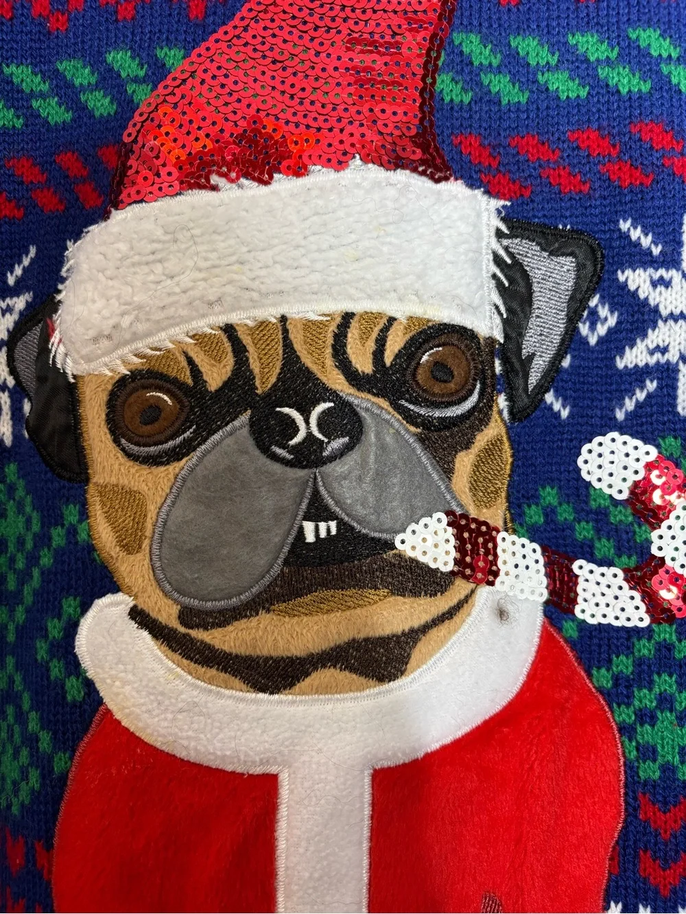 Men's Blue Pug Santa Crewneck Sweater - Holiday Knit Pullover